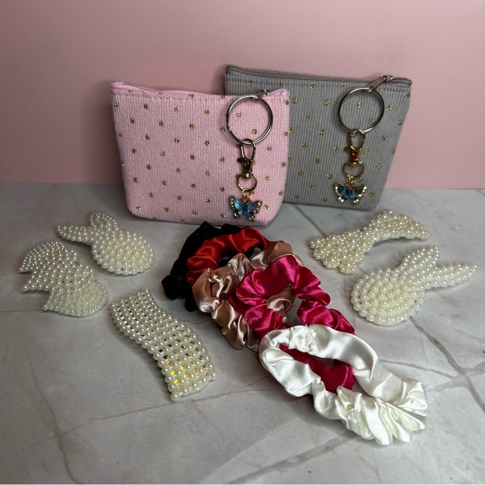 14 Piece Hair Accessories with Storage Pouches and Dazzling Butterfly Keychains